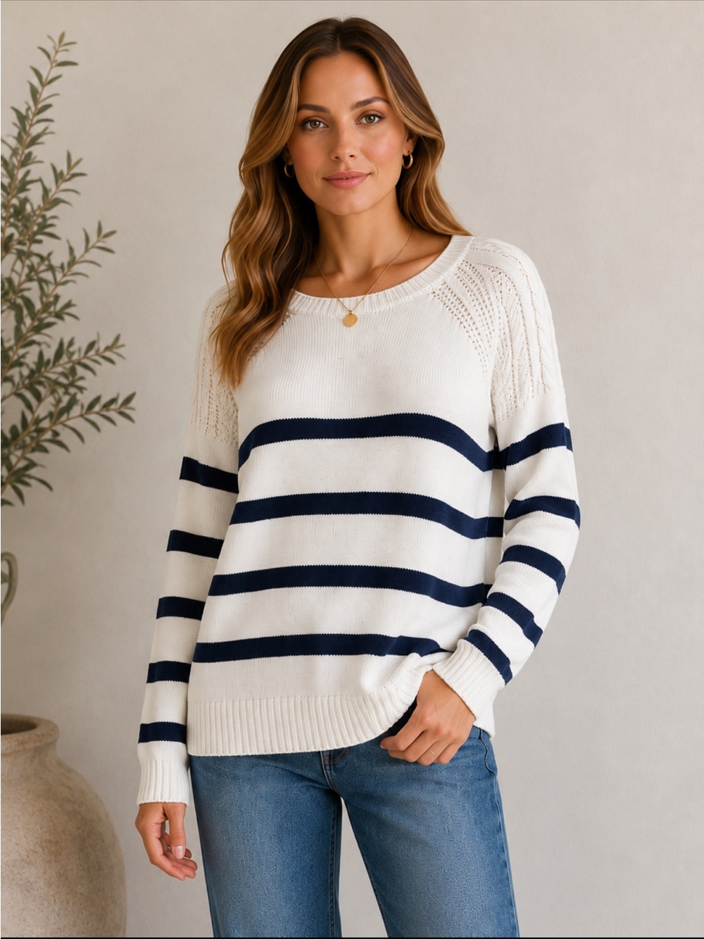St. John’s Bay XL Cream Navy Stripe Cable Knit Pullover Sweater NWT Coastal Chic